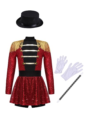 Alvivi Mädchen Zirkus Kostüm Zirkusdirektor Uniform Glitzer Kleid mit Zubehör Weihnachten Kleid Karneval Fasching Festlich Partykleid Festzug Rot 170-176 von Alvivi