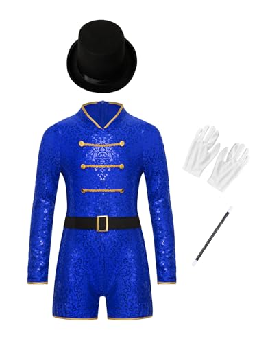 Alvivi Mädchen Zirkus Kostüm Langarm Body Overall mit Mütze Zubehör Pailletten Jumpsuit Zirkusdirektor Kostüm Halloween Karneval Fasching Party Outfits Royal Blau 146-152 von Alvivi