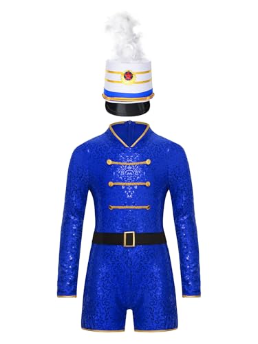 Alvivi Mädchen Zirkus Kostüm Pailletten Jumpsuit mit Mütze Langarm Body Overall Zirkusdirektor Kostüm Karneval Fasching Show Tanzkostüm Royal Blau 122-128 von Alvivi