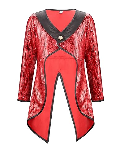 Alvivi Mädchen Zirkus Kostüm Zirkusdirektor Kostüm Pailletten Frack Jacke Blazer Mantel Circus Outfits Show Tanzkostüm Halloween Weihnachten Karneval A Rot 170-176 von Alvivi