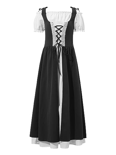 Alvivi Mittelalterliches Kostüm Mädchen Mittelalter Kleid Renaissance Viktorianischen Kostüm Kurzarm Vintage Retro Maxikleid Halloween Karneval Fasching Schwarz 110-116 von Alvivi