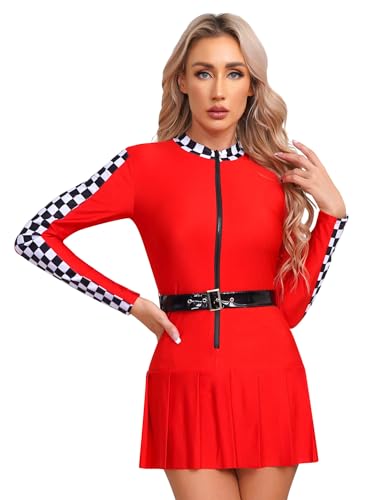 Alvivi Rennfahrer Kostüm Damen Rennfahrerin Kostüm Langarm Minikleid mit Gürtel Racing Kostüm Cosplay Halloween Karneval Fasching Kostüm A Rot 3XL von Alvivi