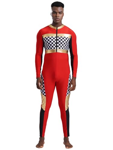 Alvivi Rennfahrer Kostüm Herren Rennfahrer Uniform Ganzkörperanzug Langarm Body Overall Jumpsuit Formel 1 Kostüm Wettbewerb Tanzkostüm A Rot L von Alvivi