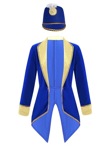 Alvivi Zirkus Kostüm Kinder Jungen Frack Jacke mit Hut Zirkusdirektor Uniform Ringmaster Kostüm Karneval Fasching Verkleidung Stil B Royal Blau 146-152 von Alvivi