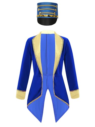 Alvivi Zirkus Kostüm Kinder Jungen Mädchen Frack Jacke mit Hut Zirkusdirektor Uniform Ringmaster Kostüm Halloween Karneval Fasching Verkleidung Royal Blau 122-128 von Alvivi