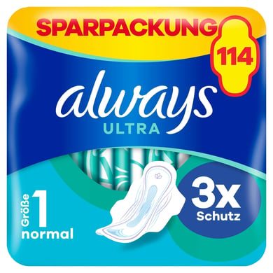 always Binden mit Flügeln Ultra Normal Größe 1 Monatspaket, 114 Binden (3 Packungen x 38 Stück) von Always