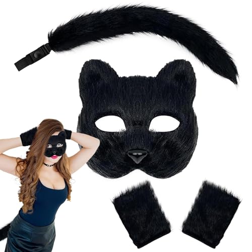 Alwida Ears Cat Katzen-Kostüm-Set aus PP, flauschige Katzenohrform, Plüsch-Wolfschwanz, Set mit Pfotenhandschuhen mit Maskerade, Schwanz für Cosplay-, Spielparty von Alwida