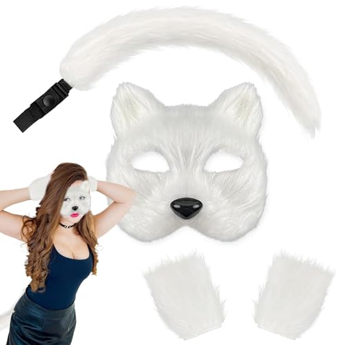 Alwida Ears Cat Katzen-Kostüm-Set aus PP, flauschige Katzenohrform, Plüsch-Wolfschwanz, Set mit Pfotenhandschuhen mit Maskerade, Schwanz für Cosplay-, Spielparty von Alwida