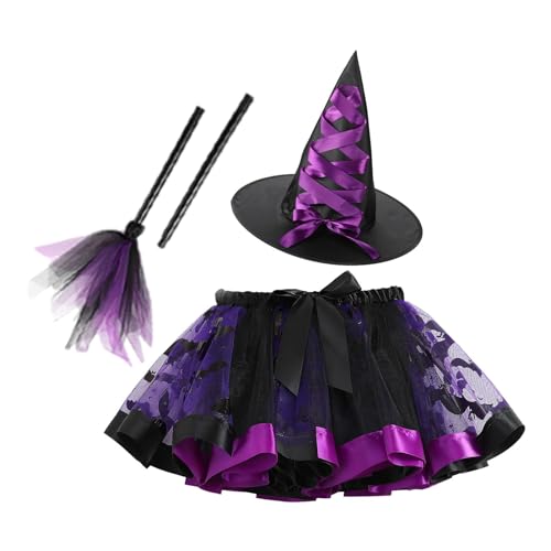 Halloween-Hexenrock – Halloween-Kostüm für Mädchen | Kostüm verkleiden | Kleid-Kostüm-Set mit Hut und Besen zum Spielen, Kinder-Cosplay-Bekleidung für Schulspiele, Geburtstagsfeiern, Halloween-Partys von Alwida