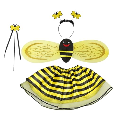 4 Stück Biene Kostüme für Kinder Hummel Fancy Dress Kostüm Set mit Flügeln Stirnband Wand Rock Anzug Kleid für Rollenspiel Cosplay Dress Up Party für Kinder Mädchen Alter 2-10 Jahre von Alwodici