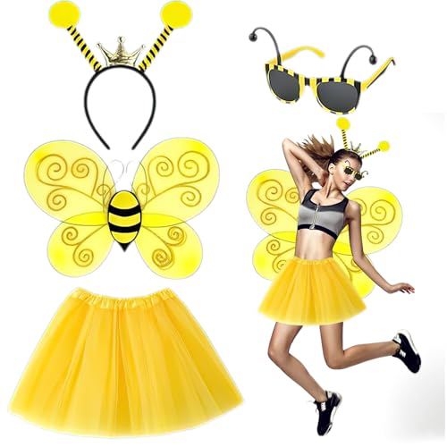 Alwodici 4 Stück Bienen Kostüm Set Fancy Dress Kostüme Tutu Rock + Flügel + Antenne Stirnband + Sonnenbrille für Grils Frauen Geburtstag Halloween Cosplay Dress Up Party von Alwodici