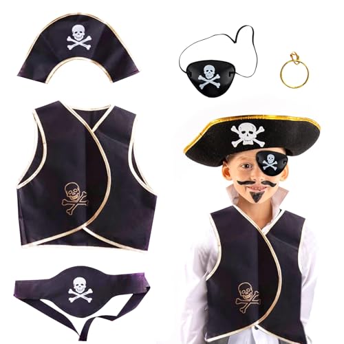 Alwodici 5pcs Kinder Piratenkostüm Piraten Fancy Dress Kostüm Zubehör Set Piraten Kopftuch Augenklappen Gold Ohrring Weste Gürtel Kapitän Piraten verkleiden sich für Halloween Cosplay Accessoire von Alwodici