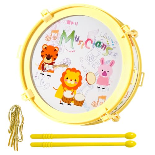 Doppelseitige Trommel Percussion Spielzeug für Kinder Kunststoff-Musikspielzeug Drum Set mit Trageriemen Stick Drum Sensory Musikinstrument Spielzeug Educational Music Toy Geschenk (Gelb) von Alwodici