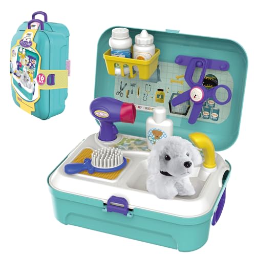 Pet Care Role Play Set Kinder Vet Kit Hund Grooming Spielzeug Fütterung Hund Spiele Rucksack Pet Doctor Kit Lernspielzeug Geschenke für 3 4 5 6 Jahre alt Geburtstage Mädchen Jungen von Alwodici