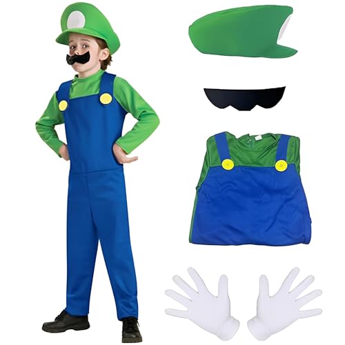 AmHiL Super Bros Cosplay Kostüme, Super Kostüm für Kinder Super Bros FaschingsKostüme, Kostüm mit Bodysuit, Cap and Schnurrbart, Karneval Halloween Kostüm Kinder Jungen Mädchen Cosplay von AmHiL