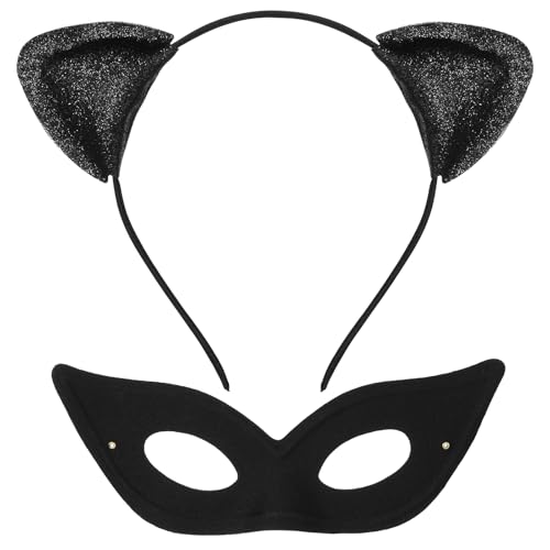 Amabro Katzenohren haarreif mit Katzenmaske, Halloween Glitzer katzenohren Haarband Schwarz Halbe Katzenaugenmaske für Maskerade Cosplay Party Katze Frauen Mädchen Katzenkostüm Verkleidung von Amabro