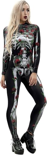 Amacigana Skelett Kostüm, Jumpsuit Knochen Damen, Langarm Skinny Bodysuit Halloween Kostüme für Erwachsene für Verkleidung Fasching (A 02,L) von Amacigana