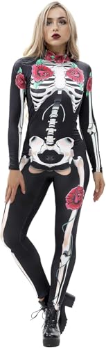 Amacigana Skelett Kostüm, Jumpsuit Knochen Damen, Langarm Skinny Bodysuit Halloween Kostüme für Erwachsene für Verkleidung Fasching (A 05,L) von Amacigana