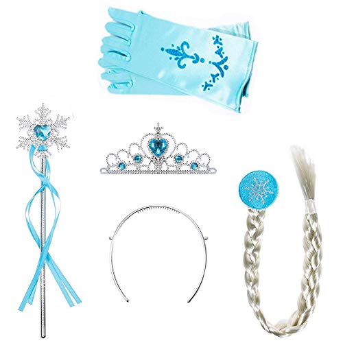 Amacoam Set 4 Stück Eiskönigin ELSA Zubehör Set Verkleidung Mädchen Prinzessin Krone Haarreifen Zopf Zauberstab Handschuhe Prinzessin Kostüme Zubehör Eisprinzessin Verkleidungsset (Hell Blau) von Amacoam