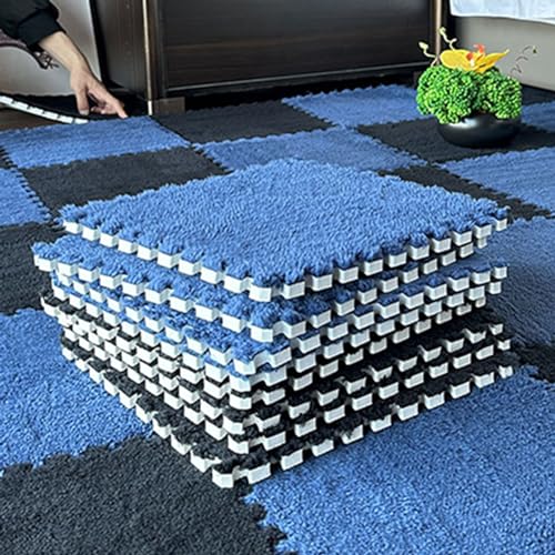 10 Stück Ineinander Greifende Flauschige Teppichfliesen, Bodenmatte Aus Plüsch-Puzzleschaum, Zottelige Spielmatte Für Wohnzimmer, Schlafzimmer, Spielzimmer(Size:0.23 inch,Color:Marineblau+Schwarz) von Amacthysh