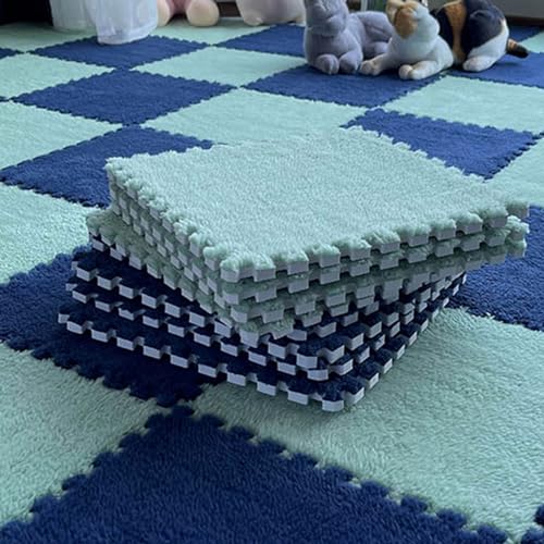 10 Stück Ineinander Greifende Flauschige Teppichfliesen, Bodenmatte Aus Plüsch-Puzzleschaum, Zottelige Spielmatte Für Wohnzimmer, Schlafzimmer, Spielzimmer(Size:0.23 inch,Color:Navy Blue+Green) von Amacthysh