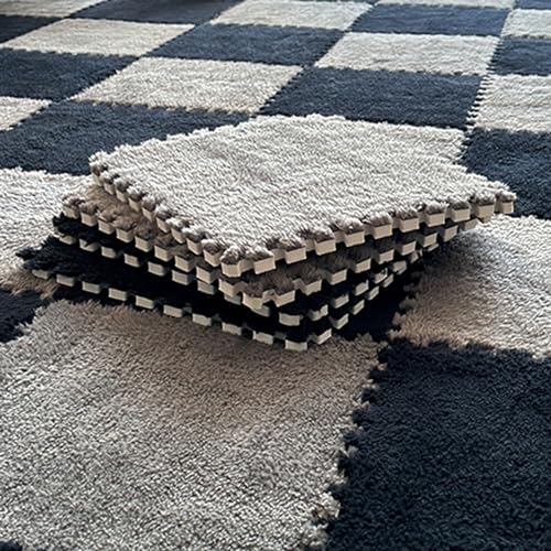 10 Stück Ineinander Greifende Flauschige Teppichfliesen, Bodenmatte Aus Plüsch-Puzzleschaum, Zottelige Spielmatte Für Wohnzimmer, Schlafzimmer, Spielzimmer(Size:0.23 inch,Color:Schwarz+Grau) von Amacthysh