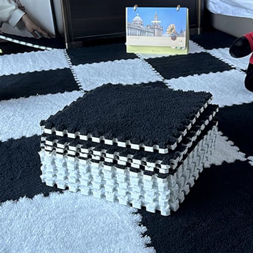 10 Stück Ineinander Greifende Flauschige Teppichfliesen, Bodenmatte Aus Plüsch-Puzzleschaum, Zottelige Spielmatte Für Wohnzimmer, Schlafzimmer, Spielzimmer(Size:0.23 inch,Color:Schwarz+Weiß) von Amacthysh