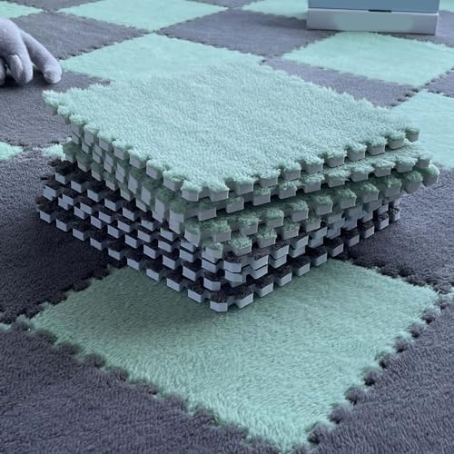10 Stück Ineinander Greifende Flauschige Teppichfliesen, Bodenmatte Aus Plüsch-Puzzleschaum, Zottelige Spielmatte Für Wohnzimmer, Schlafzimmer, Spielzimmer(Size:0.39 inch,Color:Grau+Grün) von Amacthysh