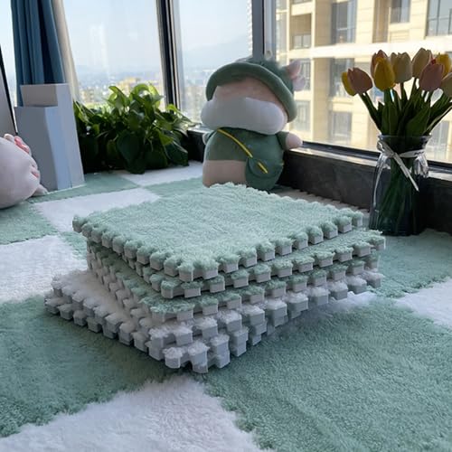 10 Stück Ineinander Greifende Flauschige Teppichfliesen, Bodenmatte Aus Plüsch-Puzzleschaum, Zottelige Spielmatte Für Wohnzimmer, Schlafzimmer, Spielzimmer(Size:0.39 inch,Color:Grün+Weiß) von Amacthysh