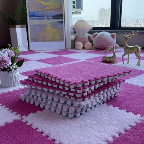 10 Stück Ineinander Greifende Flauschige Teppichfliesen, Bodenmatte Aus Plüsch-Puzzleschaum, Zottelige Spielmatte Für Wohnzimmer, Schlafzimmer, Spielzimmer(Size:0.39 inch,Color:Rosenrot+Rosa) von Amacthysh