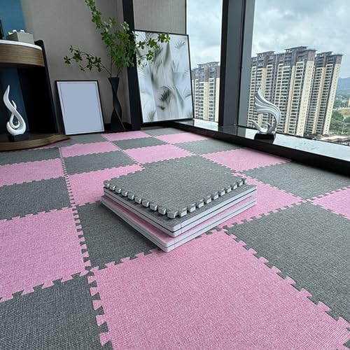 10 Stück Leinen Puzzle Schaumbodenmatte Für Wohnzimmer, 12 X 12 Zoll Ineinandergreifende Teppichfliesen, Belastbare Spielmatte, Bodenfliesen(Size:0.23 Inch,Color:Rosa+Dunkelgrau) von Amacthysh