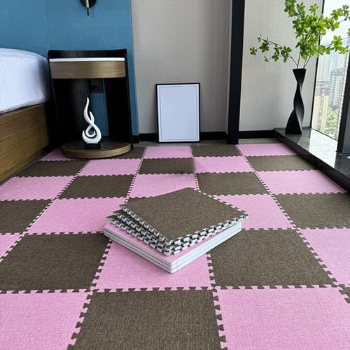 10 Stück Leinen Puzzle Schaumbodenmatte Für Wohnzimmer, 12 X 12 Zoll Ineinandergreifende Teppichfliesen, Belastbare Spielmatte, Bodenfliesen(Size:0.23 Inch,Color:Rosa+Kaffee) von Amacthysh