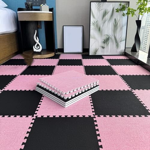 10 Stück Leinen Puzzle Schaumbodenmatte Für Wohnzimmer, 12 X 12 Zoll Ineinandergreifende Teppichfliesen, Belastbare Spielmatte, Bodenfliesen(Size:0.39 Inch,Color:Schwarz+Rosa) von Amacthysh