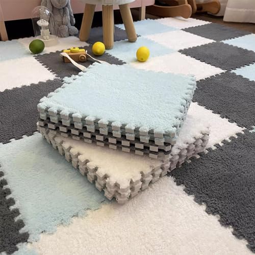 10-teilige Puzzle-Bodenspielmatten Wie Teppiche, Puzzle-Bodenmatte Aus Schaumstoff, Ineinander Greifende Plüschteppichfliesen Mit Rand, 30 X 30 cm(Size:0.23 inch,Color:Grau+Weiß+Blau) von Amacthysh