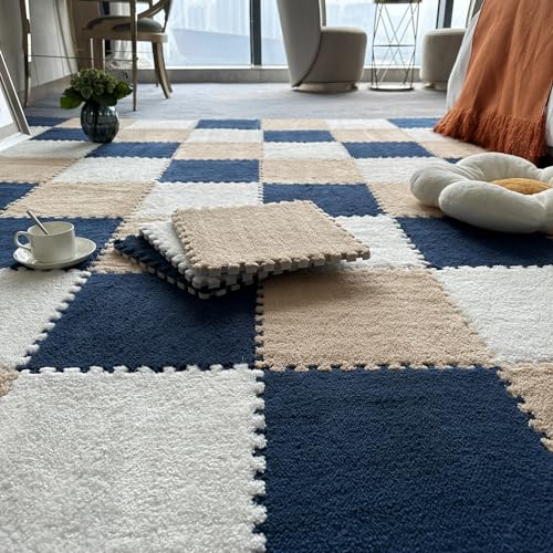 10-teilige Puzzle-Bodenspielmatten Wie Teppiche, Puzzle-Bodenmatte Aus Schaumstoff, Ineinander Greifende Plüschteppichfliesen Mit Rand, 30 X 30 cm(Size:0.23 inch,Color:Marineblau+Aprikose+Weiß) von Amacthysh