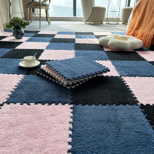 10-teilige Puzzle-Bodenspielmatten Wie Teppiche, Puzzle-Bodenmatte Aus Schaumstoff, Ineinander Greifende Plüschteppichfliesen Mit Rand, 30 X 30 cm(Size:0.23 inch,Color:Schwarz+Marineblau+Rosa) von Amacthysh