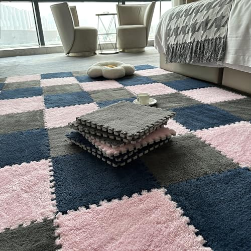 10-teilige Puzzle-Bodenspielmatten Wie Teppiche, Puzzle-Bodenmatte Aus Schaumstoff, Ineinander Greifende Plüschteppichfliesen Mit Rand, 30 X 30 cm(Size:0.39 inch,Color:Grau+Marineblau+Rosa) von Amacthysh