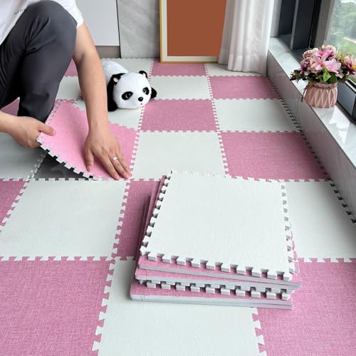 100 Stück Spielmatten Aus Schaumstoff, Puzzle-Bodenmatte, Ineinander Greifende Teppichfliesen, Übungsschaumstoffmatten, Pads Für Zimmer, Garagenboden, Waschbar(Size:0.23inch,Color:Rosa+Weiß) von Amacthysh