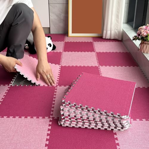 12-teilige Puzzle-Bodenspielmatte Aus Leinenschaum Für Das Wohnzimmer, Ineinander Greifende Teppichfliesen Mit Rändern, 30 cm Und 60 cm(Size:12x12x0.23inch,Color:Rosa+Rosenrot) von Amacthysh