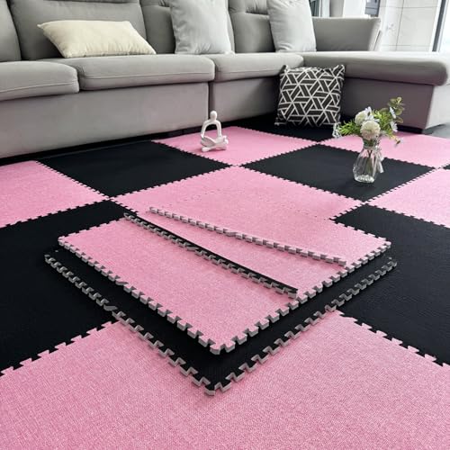 12-teilige Puzzle-Bodenspielmatte Aus Leinenschaum Für Das Wohnzimmer, Ineinander Greifende Teppichfliesen Mit Rändern, 30 cm Und 60 cm(Size:24x24x0.39inch,Color:Rosa +Schwarz) von Amacthysh