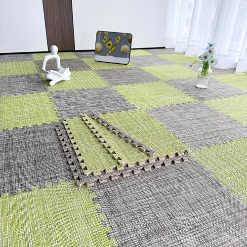 12-teilige Quadratische Puzzle-Spielmatte, Schaumstoff-Teppichfliesen Für Das Wohnzimmer, Ineinander Greifende Schaumstoff-Bodenteppichmatte, 30 Und 60 cm(Size:30x30x0.6cm,Color:Grün+Dunkelgrau) von Amacthysh