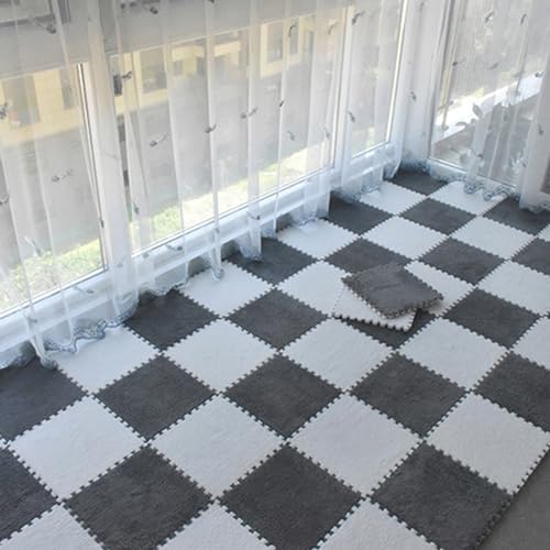 120 Stück Schaumstoff-Puzzle-Bodenmatte, Ineinander Greifende Teppichfliesen, Plüsch-Puzzle-Teppichquadrate, Teppichschaumstofffliesen, Spielmatte, Waschbar(Size:0.23 inch,Color:Grau+Weiß) von Amacthysh
