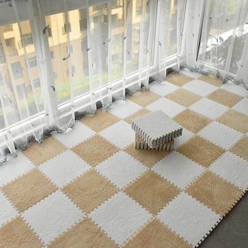 120 Stück Schaumstoff-Puzzle-Bodenmatte, Ineinander Greifende Teppichfliesen, Plüsch-Puzzle-Teppichquadrate, Teppichschaumstofffliesen, Spielmatte, Waschbar(Size:0.39 inch,Color:Aprikose+Weiß) von Amacthysh