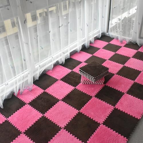 120 Stück Schaumstoff-Puzzle-Bodenmatte, Ineinander Greifende Teppichfliesen, Plüsch-Puzzle-Teppichquadrate, Teppichschaumstofffliesen, Spielmatte, Waschbar(Size:0.39 inch,Color:Rosenrot+Kaffee) von Amacthysh