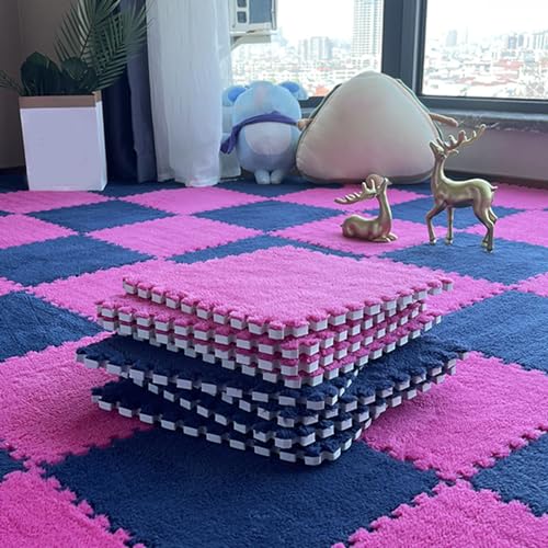12x12 Zoll Quadratischer Plüsch-Puzzle-Teppich, Ineinander Greifende Schaumstoff-Bodenmattenfliesen Mit Rand, Zottelige Eva-Plüschschaumstoffmatten, Spielmat(Size:0.23 inch,Color:Marineblau+Rosenrot) von Amacthysh