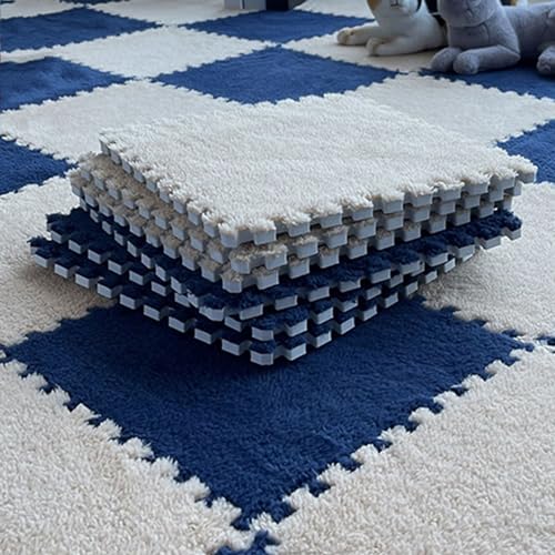 12x12 Zoll Quadratischer Plüsch-Puzzle-Teppich, Ineinander Greifende Schaumstoff-Bodenmattenfliesen Mit Rand, Zottelige Eva-Plüschschaumstoffmatten, Spielmat(Size:0.23 inch,Color:Apricot+Navy Blue) von Amacthysh