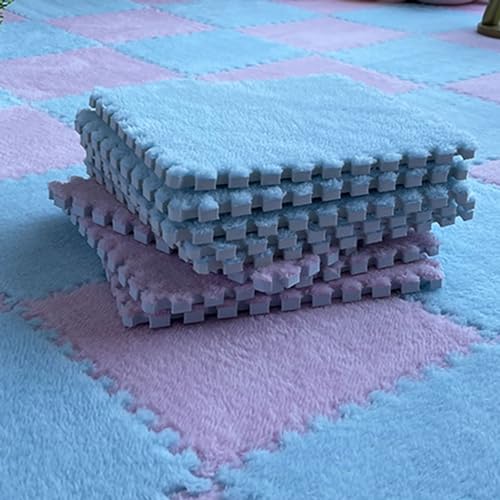 12x12 Zoll Quadratischer Plüsch-Puzzle-Teppich, Ineinander Greifende Schaumstoff-Bodenmattenfliesen Mit Rand, Zottelige Eva-Plüschschaumstoffmatten, Spielmat(Size:0.39 inch,Color:Hellblau+Rosa) von Amacthysh