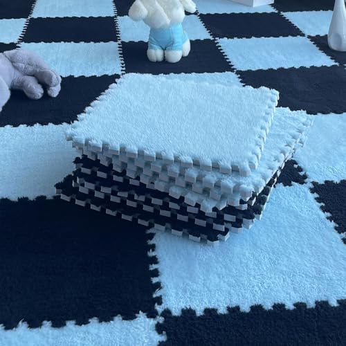 12x12 Zoll Quadratischer Plüsch-Puzzle-Teppich, Ineinander Greifende Schaumstoff-Bodenmattenfliesen Mit Rand, Zottelige Eva-Plüschschaumstoffmatten, Spielmatte(Size:0.23 inch,Color:Schwarz+Hellblau) von Amacthysh