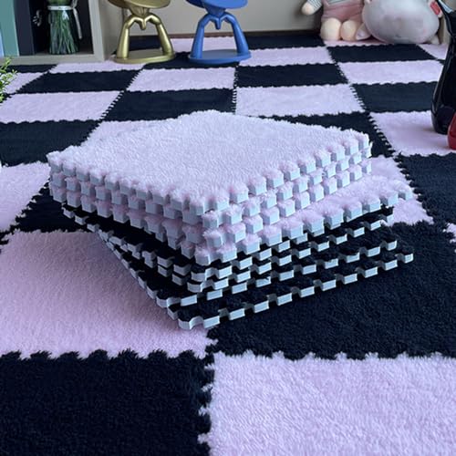 12x12 Zoll Quadratischer Plüsch-Puzzle-Teppich, Ineinander Greifende Schaumstoff-Bodenmattenfliesen Mit Rand, Zottelige Eva-Plüschschaumstoffmatten, Spielmatte(Size:0.23 inch,Color:Rosa+Schwarz) von Amacthysh