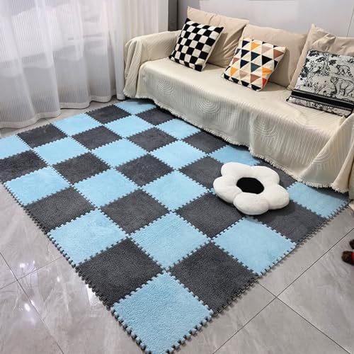 12x12 Zoll Teppich-Puzzlematten Für Den Boden, Ineinandergreifende Bodenmatte Aus Plüschschaum, 60-teilige Flauschige Quadratische Spielmatte, Puzzle-Fliesen-Teppich(Size:0.23 inch,Color:Grau+Blau) von Amacthysh